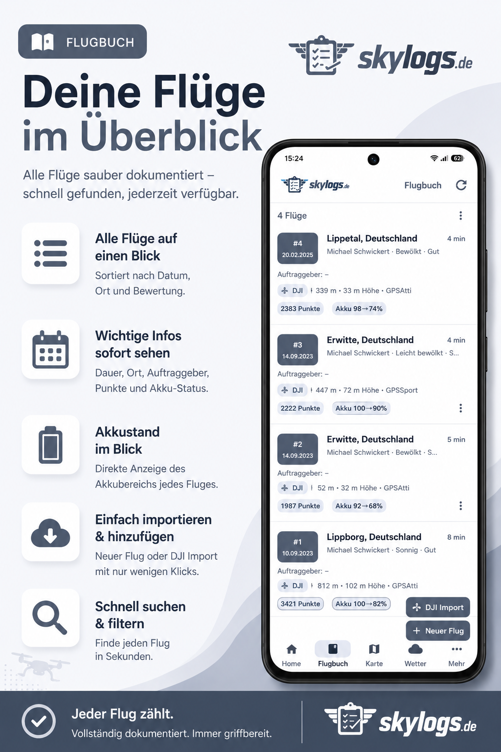 Digitale Flugbuchliste mit Flugzeiten, Höhen und Akkustand
