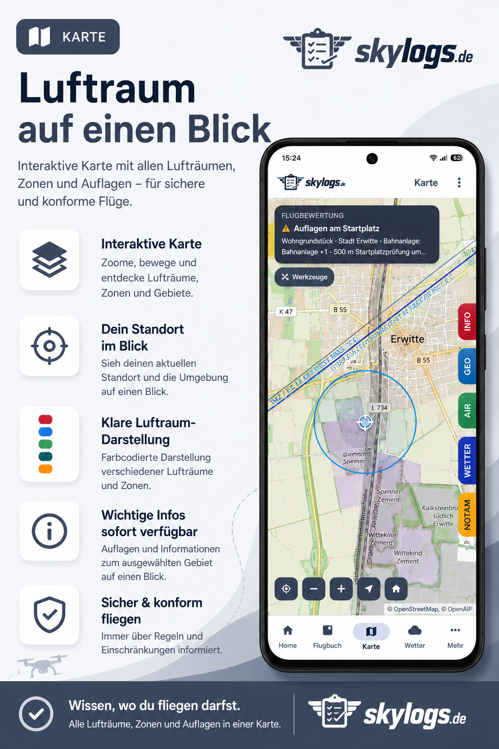 Interaktive Luftraumkarte mit Zonen und Auflagen am Startplatz